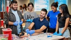 Health Careers Institute participants practice applying tourniquet on arm model.