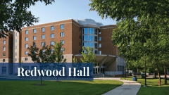 Exterior view of the Redwood Hall building at the Midwestern University Downers Grove, IL campus.