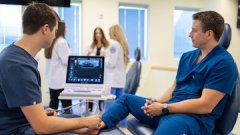 Podiatry student uses ultrasound equipment to examine a patient’s foot during hands-on clinical instruction.
