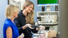 Speech-Pathology Language student practices a medical procedure using a simulation mannequin with an instructor watching while reviewing equipment in a clinical skills lab.