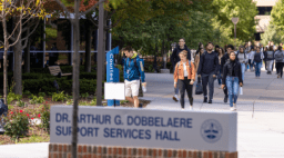 Students outside Dobbelaere Support Services Hall at Downers Grove campus.