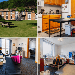 Pines Apartment building, kitchen, living room, and bedroom.