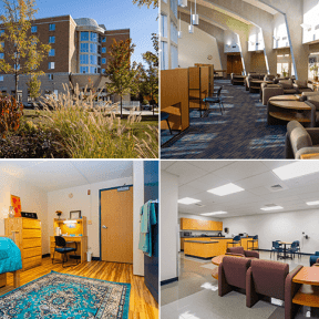 Redwood building, study area, dorm room, and kitchenette.