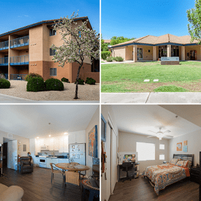 Student complex building, Cactus Clubhouse, and interior of living room, kitchen, and bedroom.