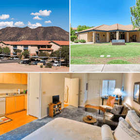 Student complex building, Cactus Clubhouse, and interior of studio apartment.