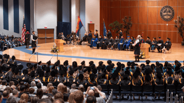 A view of the stage at the College of Health Sciences commencement at Midwestern University's Glendale Campus on June 4, 2025.