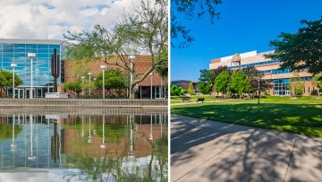 Split image of Midwestern University's two campuses