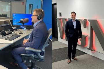 Dr. Baker speaks on microphone and poses by WGN sign