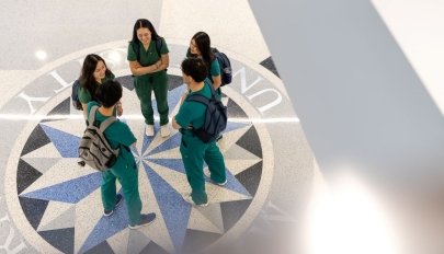 students talking in lobby