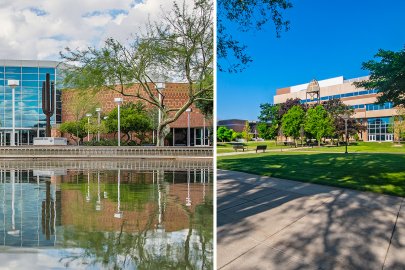 Split image of Midwestern University's two campuses