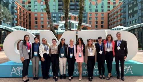 Students attend the OMED conference and gather in front of the OMED sign.