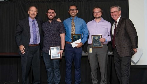 Professor David Jenkins and Dean Jeffrey Jensen with BMEF Scholarship recipients Payaam Tavakoli, Rajat Lahiri, and Kyle Parker.