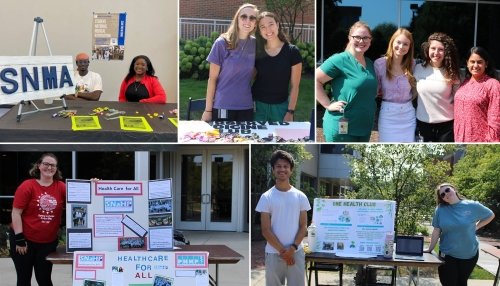 Collage of students at their tables with information about their organizations.