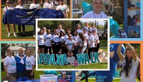 Apraxia Walk collage of pictures including attendees and volunteers.