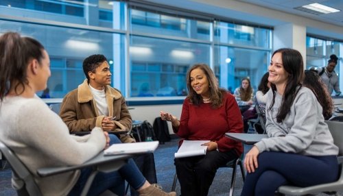 Students working in groups studying clinical psychology.