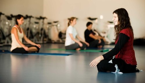 People doing yoga on mats in health club.