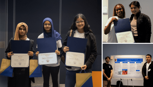 Mini Medical School winners hold their awards, mentor and student with participation certificates, and a student and a mentor with the case study poster.