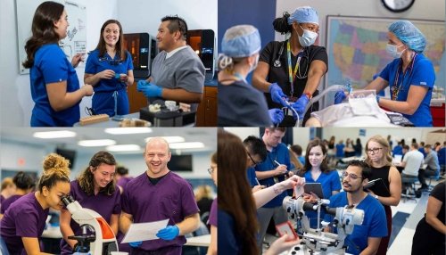 Midwestern University students in various clinical settings working with patients.