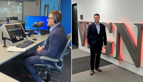 Dr. Baker speaks on microphone and poses by WGN sign