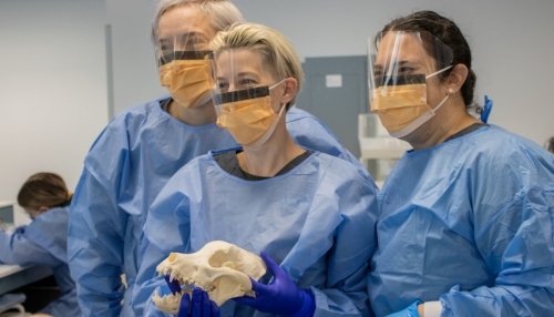 Three people in medical protective gear. One holding animal skull