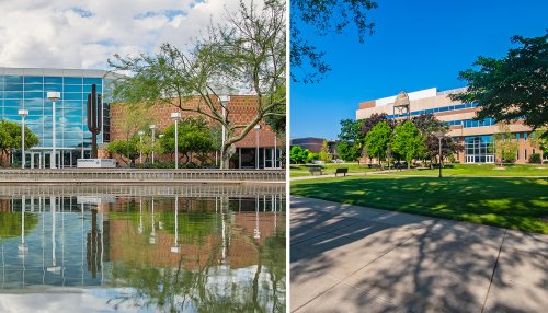 Split image of Midwestern University's two campuses