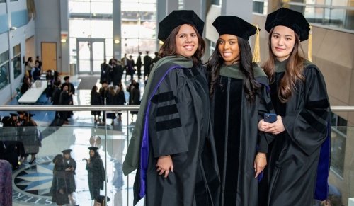 Three pharmacy graduates wearing their gowns.