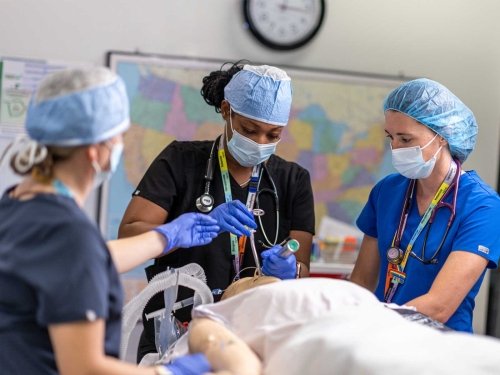 Nurse anesthesia students in a simulation lab.