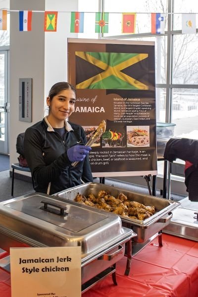 The Jamaican Jerk style chicken is on display.