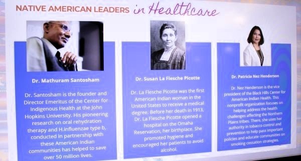 A PowerPoint slide featuring prominent Indigenous healthcare figures: Mathuram Santosham, Susan La Flesche Picotte, and Patricia Nez Henderson.