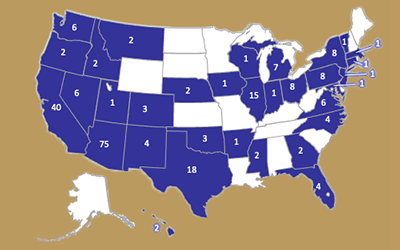 6 WA, 2 OR, 40 CA, 2 MT, 2 ID, 6 NV, 1 UT, 75 AZ, 3 CO, 4 NM, 2 NE, 3 OK, 18 TX, 1 IA, 1 AR, 1 WI, 15 IL, 2 MS, 7 MI, 1 IN, 8 OH, 2 GA, 4 FL, 1 VT, 8 NY, 8 PA, 1 MA, 1 CT, 1 NJ, 6 VA, 4 NC, 2 HI.