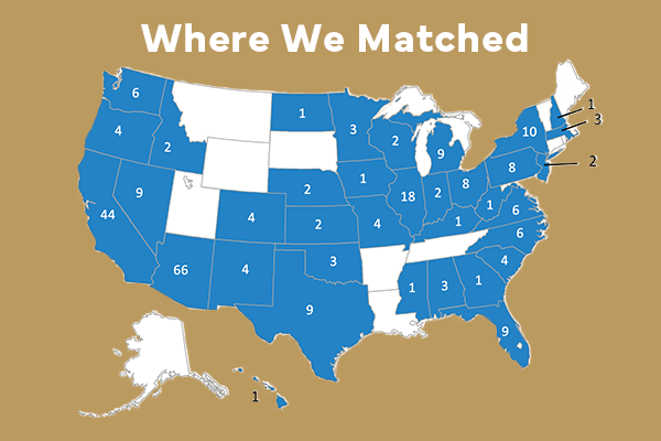 AZCOM graduates placed in residencies in various states across the country.
