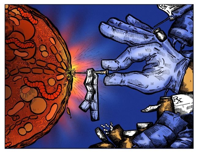 Hand pops bubble of viruses