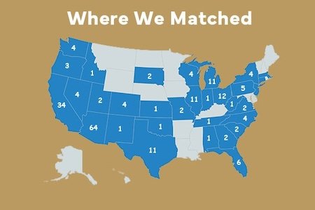 Residencies by state: WA-4, OR-3, CA-34, ID-1, NV-4, UT-2, AZ-64, CO-4, NM-1, KS-1, OK-1, TX-11, SD-2, MO-2, IL-11, WI-4, MI-11, IN-1, OH-12, NY-4, PA-5, VA-2, TN-1, VA-2, NC-4, SC-2, GA-2, AL-1 and FL-6.