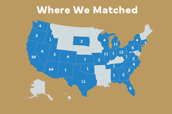 Residencies by state: WA-4, OR-3, CA-34, ID-1, NV-4, UT-2, AZ-64, CO-4, NM-1, KS-1, OK-1, TX-11, SD-2, MO-2, IL-11, WI-4, MI-11, IN-1, OH-12, NY-4, PA-5, VA-2, TN-1, VA-2, NC-4, SC-2, GA-2, AL-1 and FL-6.