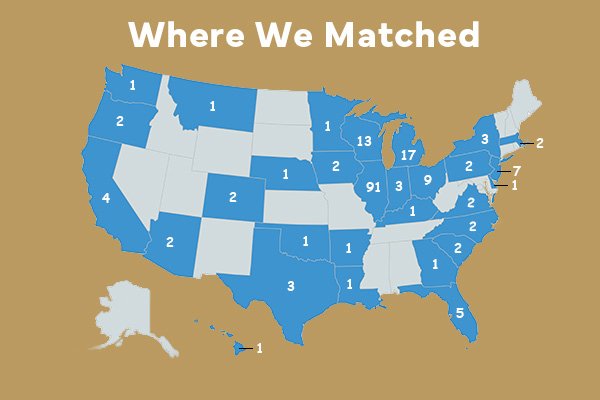 Residencies by state: AR-1, AZ-2, CA-4, CO-2, DE-1, FL-5, GA-1, HI-1, IA-2, IL-91, IN-3, KY-1, LA-1, MA-2, MI-17, MN-1, MT-1, NC-2, NE-1, NJ-7, NY-3, OH-9, OK-1, OR-2, PA-2, SC-2, TX-3, VA-2, WA-1, WI-13.